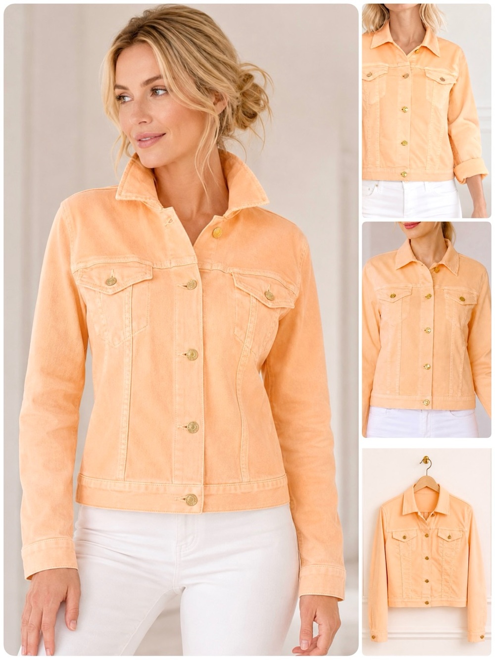 MICHAEL KORS Denim Jacket Gold Button Patch Pocket Pointed Collar Stretch